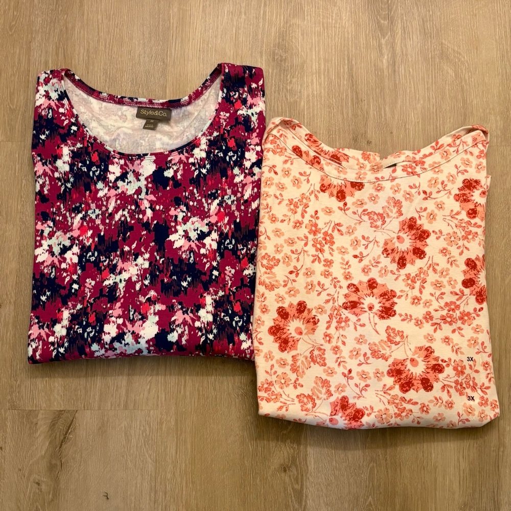 Style & Co. Purple-Pink Abstract Floral Print Tops (1 Long Sleeve, 1 3/4 Sleeve)